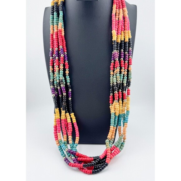 Vintage Multicolor Wood Bead Necklace – Layered Tribal Boho Statement Bright - Picture 4 of 8